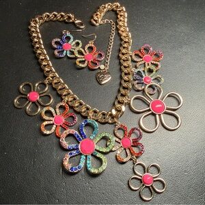 Betsey Johnson Gold Tone Love Fest Flowers & Crystal Bib Necklace & Earrings